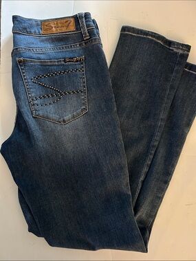 Seven7 Women's Straight Leg Jeans in Dark Blue Denim with rhinestone detail 12